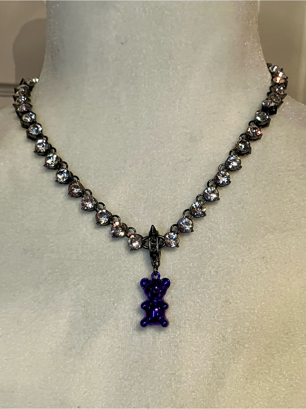 Betsey Johnson Crystal Tennis Necklace with Purple Gummy Bear Pendant